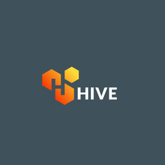 Obraz premium Hive Cells Absrtract Vector Sign, Symbol or Logo Template. Honey Comb with Incorporated Letter H. Gradient Icon with Modern Typography. Premium Dark Background
