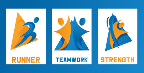 Fototapeta na wymiar Abstract people icons set of cards, banners, posters vector illustration. Sport competition. Runner, teamwork, strength. Being active. Healthy lifestyle. Taking part in event.
