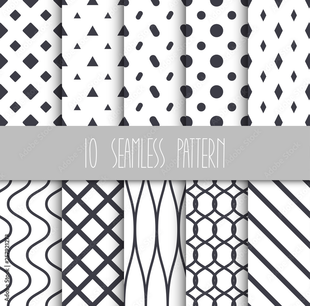 Poster Set of seamless geometric patterns on white background