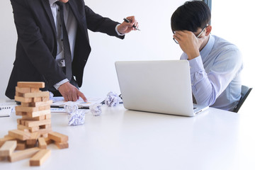 Blaming business concept, Senior executive manager blaming employee for mistake or failure,...