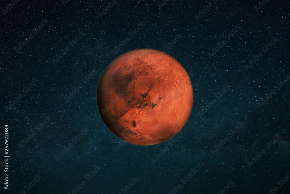 Poster Planet Mars in the starry sky. Red planet in space
