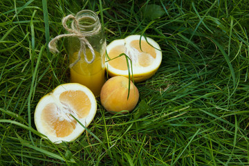a bottle of homemade lemonade juice lies on the grass outdoors. Picnic on nature in the park against the backdrop of trees with bright sunshine. healthy food, diet