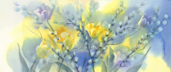 Plakat yellow tulips with pussy willow watercolor background
