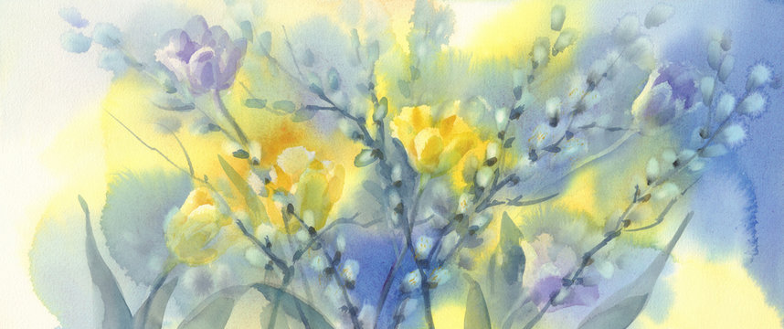 yellow tulips with pussy willow watercolor background