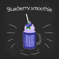 Blueberry smoothie in a jar with a cocktail straw and cream. Color sketch on black Board with white chalk.