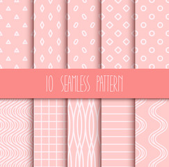 Set of seamless geometric patterns on pink background