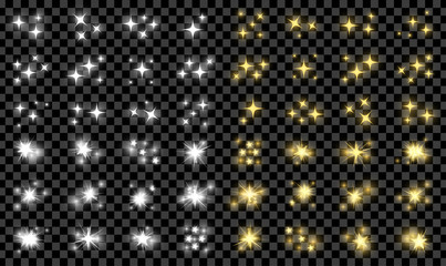 Realistic golden and silver shine, flicker stars and glow effects pack isolated on transparent background. Vector illustration