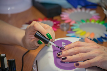 Obraz na płótnie Canvas The manicurist applies gel polish on the nail.
