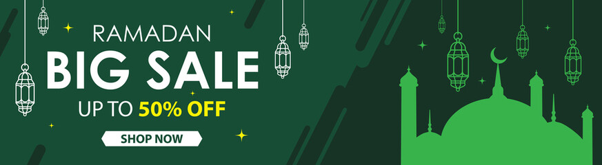 Ramadan sale, banner design with mosque and lantern. Big sale 50% off offers flat design. Web header and banner design vector.