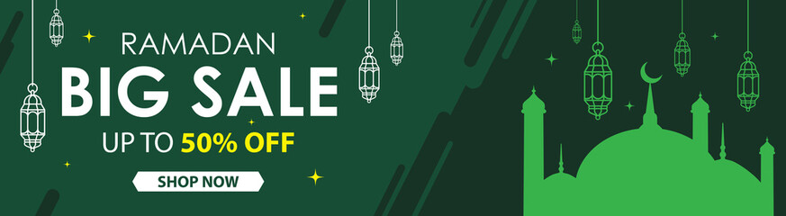 Ramadan sale, banner design with mosque and lantern. Big sale 50% off offers flat design. Web header and banner design vector.