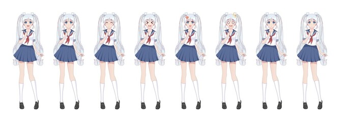 Anime manga schoolgirl in sailor suit, blue skirt