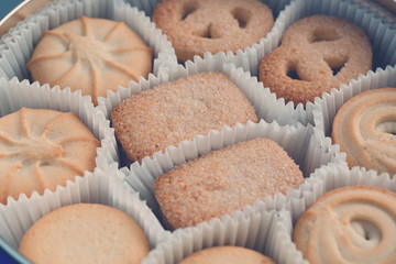 Cookies in a metal tin. Close-up. Macro