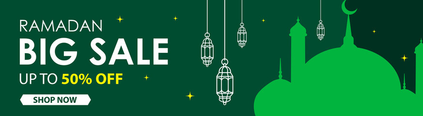 Ramadan sale, banner design with mosque and lantern. Big sale 50% off offers flat design. Web header and banner design vector.
