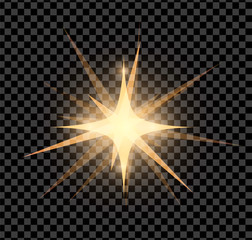 Gold bright glowing and shining star flares effect isolated on transparent background. Vector illustration