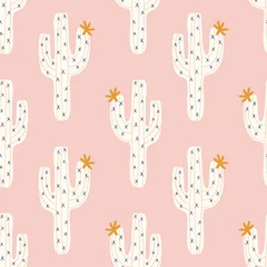 Behang Scandinavische stijl vector naadloos cactuspatroon met witte cactus en golenbloei op een roze achtergrond
