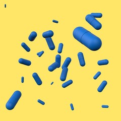 Massive Blue matte pills capsules on yellow background. 3D render