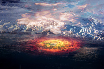 Fototapeta premium Sci fi collage image of global warning melting ice concept. Winter landscape with ice mountains and a huge red ring hob on the water. Elements of this image furnished by NASA.