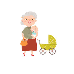 Old gray-haired woman holds on her hands little baby.