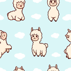 Vector illustration of cute alpacas / llamas. Repeatable seamless pattern tile.
