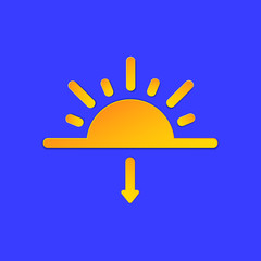 Evening Sunset Weather forecast info icon. Sun and arrow symbol paper cut style on blue. Climate weather element. Trendy button for Metcast WF report mark, meteo mobile app, web.
