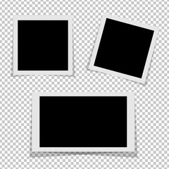 Black and white  photo frames with shadows isolated on transparent background.  Vector illustration