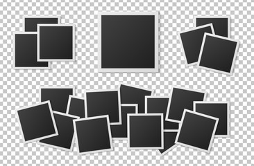 Black and white  photo frames set with shadows isolated on transparent background. Vector illustration