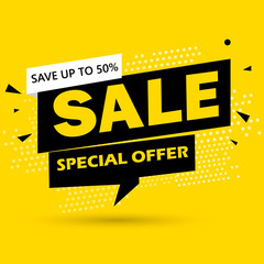 Super Sale and special offer. 50 off. Vector illustration. Trendy neon geometric figures wallpaper in a modern material design style. Coloured banner