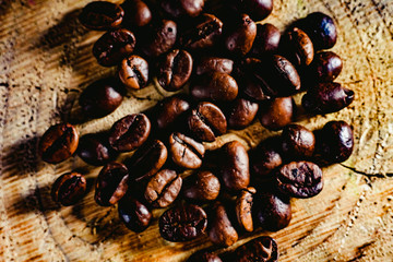 Detail of roasted coffee beans, produced in Colombia.
