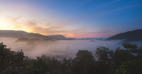 Fototapeta premium Aerial view of tropical rain forest in the mist, Landscape morning fog on Baan Hatsompaen Viewpoint Ranong Tropical rain forest at southern of Thailand