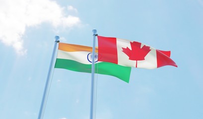 India and Canada, two flags waving against blue sky. 3d image