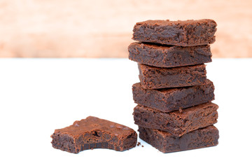 Close up homemade chocolate brownies with copy space