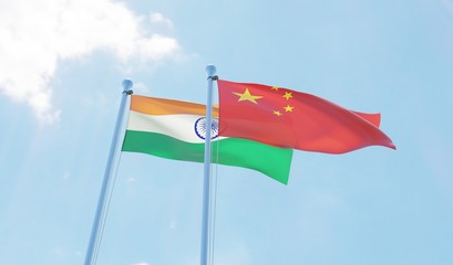 India and China, two flags waving against blue sky. 3d image
