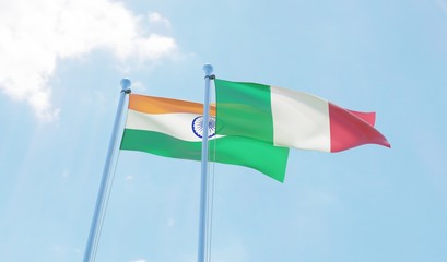 India and Italy, two flags waving against blue sky. 3d image