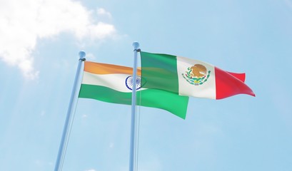 India and Mexico, two flags waving against blue sky. 3d image