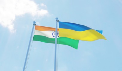 India and Ukraine, two flags waving against blue sky. 3d image