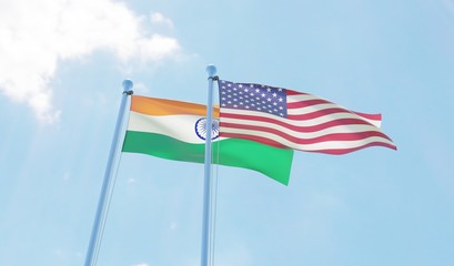 India and USA, two flags waving against blue sky. 3d image