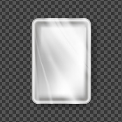 Plastic Tray Vector. Transparent Food Container Tray Wrap. Empty Product Polyethylene Mock Up Template. Nylon Doy Pack Branding Design Package Illustration