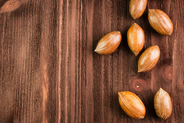Pecan nuts in the shell on wooden background