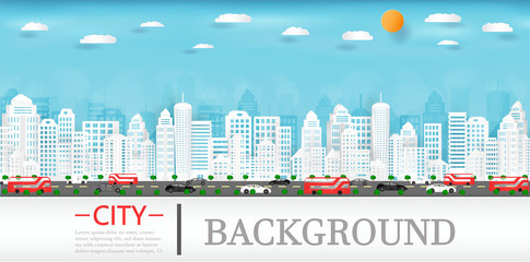 Vector paper cut and cityscape with buildings and homes and a magazine background. And traffic of cars within the city. And represents the city in Europe and is used as an illustration or backdrop