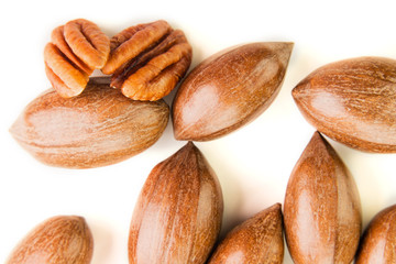 Not cleaned pecan nuts in the shell isolated on white.