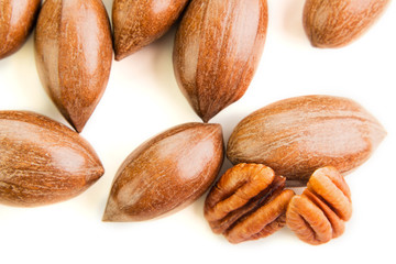Not cleaned pecan nuts in the shell isolated on white.