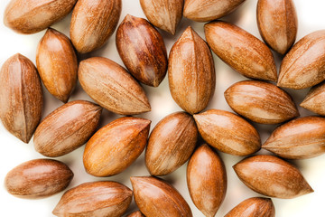 Not cleaned pecan nuts in the shell isolated on white.