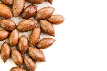 Not cleaned pecan nuts in the shell isolated on white.