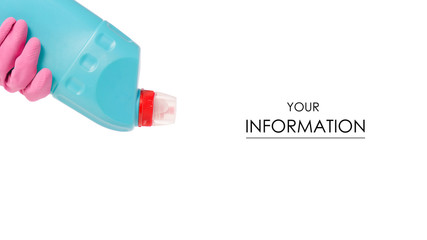 Hands in gloves for cleaning ottle with toilet detergent household chemicals pattern on white background isolation