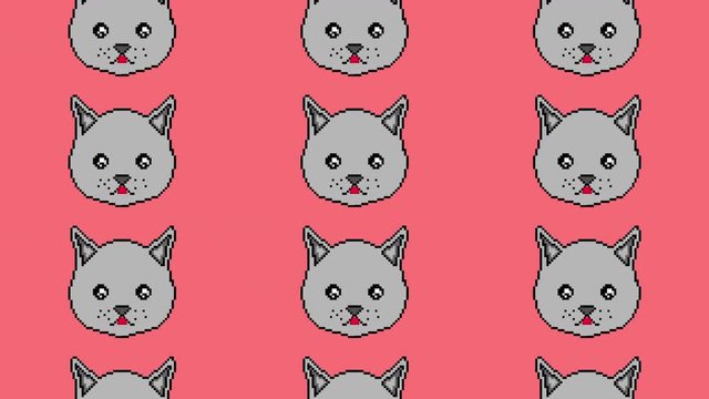 The pixel cat moves with his eyes and shows the tongue on a red background. Ready to use in any project.