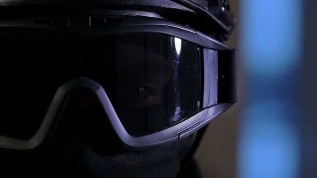 Commando in a helmet and mask close up