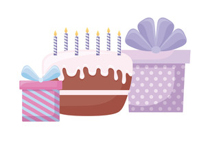 sweet cake with candles and gifts boxes