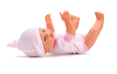Baby doll toy on white background.