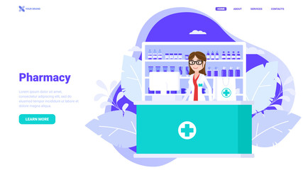 Fototapeta premium Pharmacy concept. Woman pharmacist in drugstore. Trendy illustration for web banner, infographics, hero images. Flat vector illustration isolated on white. Landing page concept.