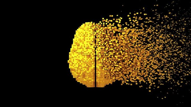 4K. Disintegration Of Golden Digital Brain On Black Background With Alpha Matte. 3D Animation.